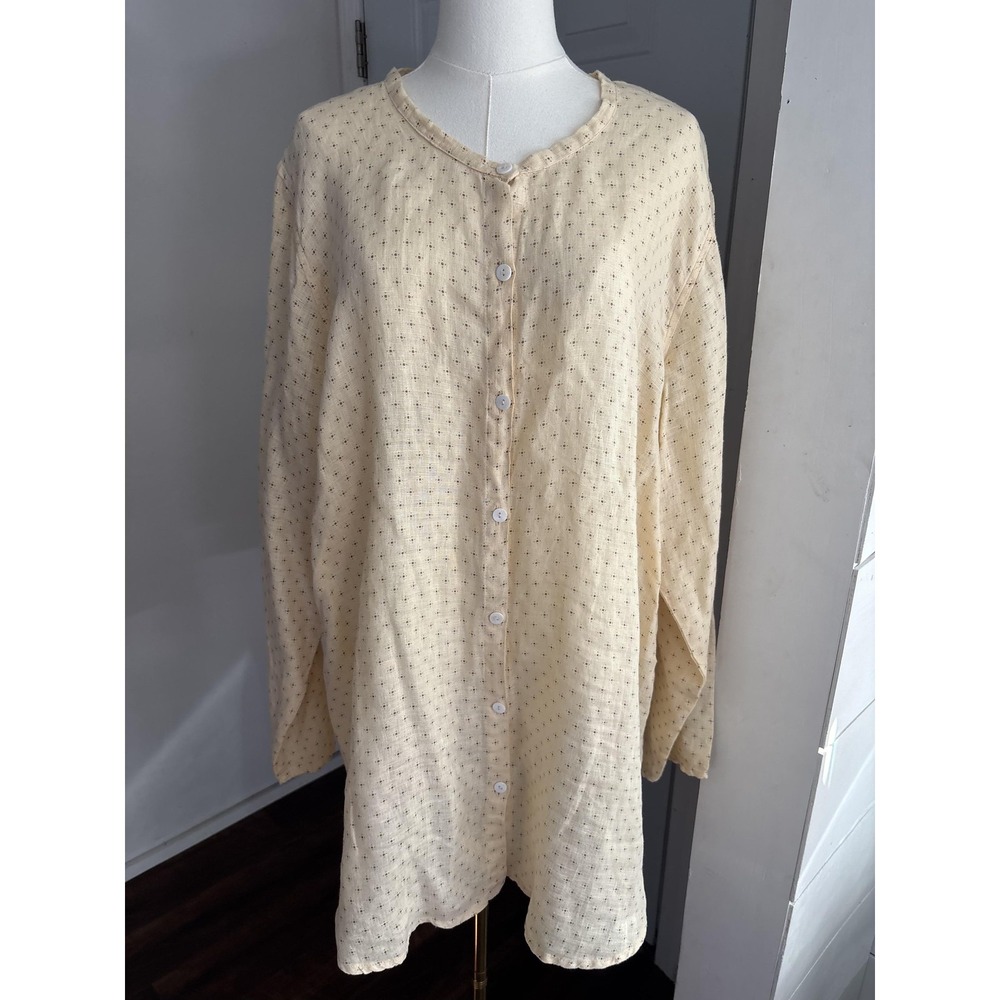 FLAX Button Up Dress Womens L Beige Polka Dot Shirt Long Sleeve Linen Tunic